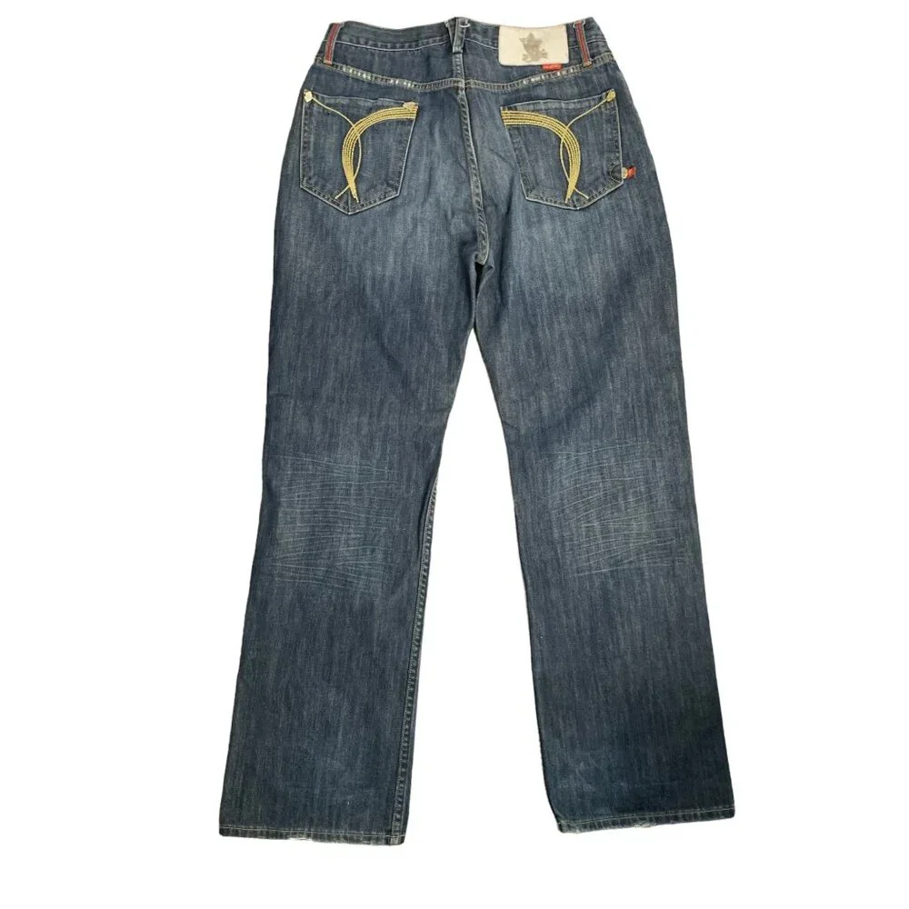 Vintage Y2K Stash House Denim Jeans 34 Med Wash Distressed Straight Embellished - Picture 3 of 8